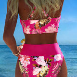 Bikini con estampado floral contrastante y abertura