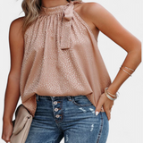 Adela Top sin Mangas de Leopardo con Cuello Alto y Lazo