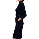 Marina | Vestido negro refinado con cinturón y cuello mandarín