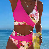Bikini con estampado floral contrastante y abertura
