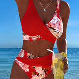 Bikini con estampado floral contrastante y abertura