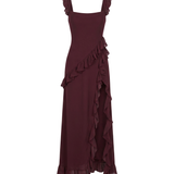 Vestido Maxi con Abertura y Volantes