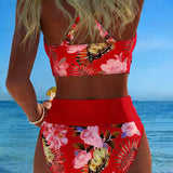 Bikini con estampado floral contrastante y abertura