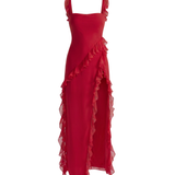 Vestido Maxi con Abertura y Volantes
