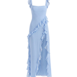 Vestido Maxi con Abertura y Volantes