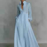 Vestido Maxi de Lino Patchwork con Cuello Alto