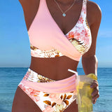 Bikini con estampado floral contrastante y abertura