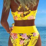 Bikini con estampado floral contrastante y abertura