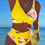 Bikini con estampado floral contrastante y abertura