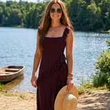 Vestido Maxi con Abertura y Volantes