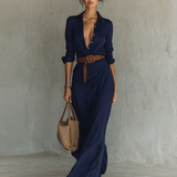 Maxivestido con cuello de solapa y manga larga