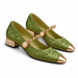 Angustias: mary jane jacquard con perla, color verde, vista del par