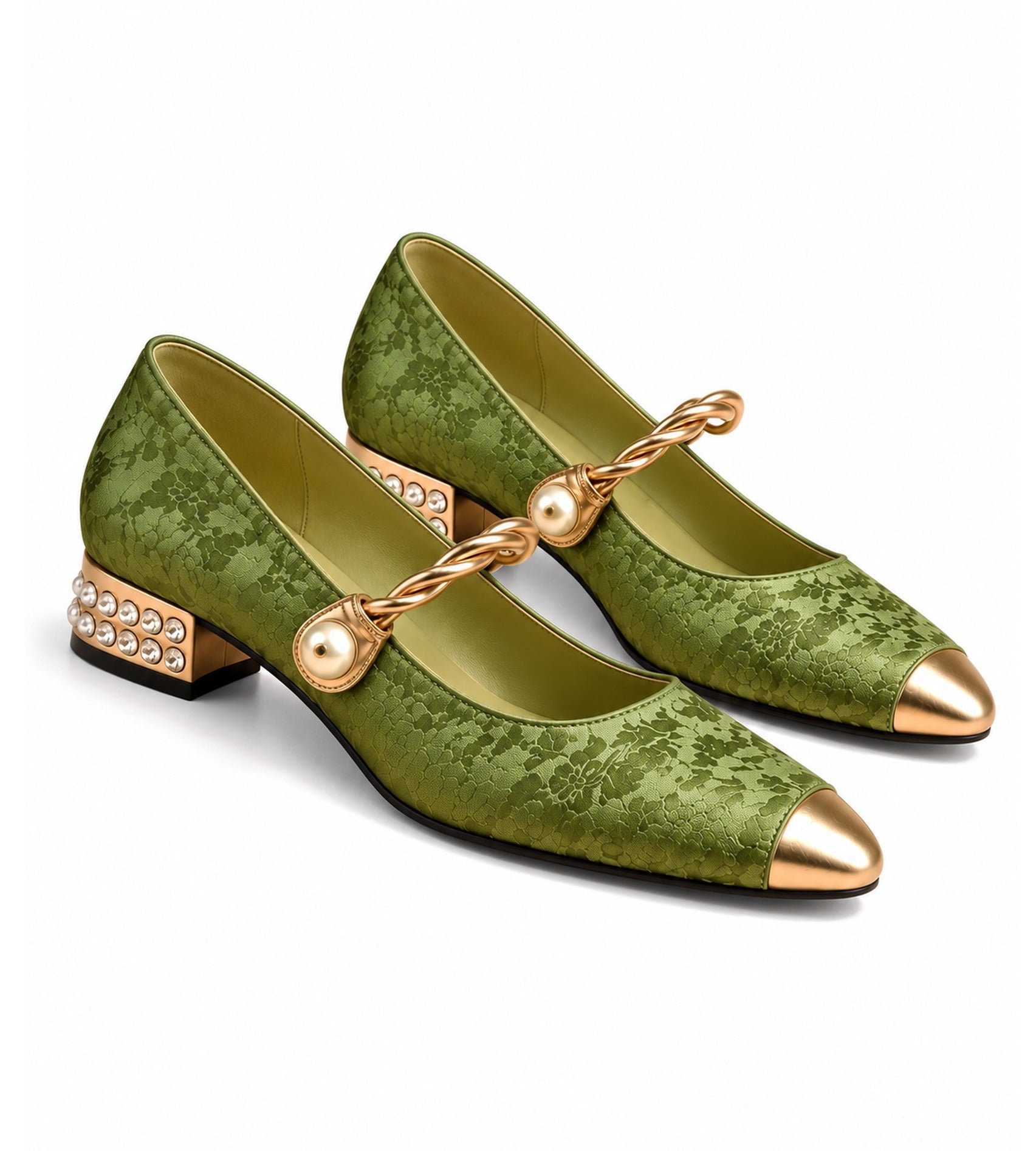 Angustias: mary jane jacquard con perla, color verde, vista del par