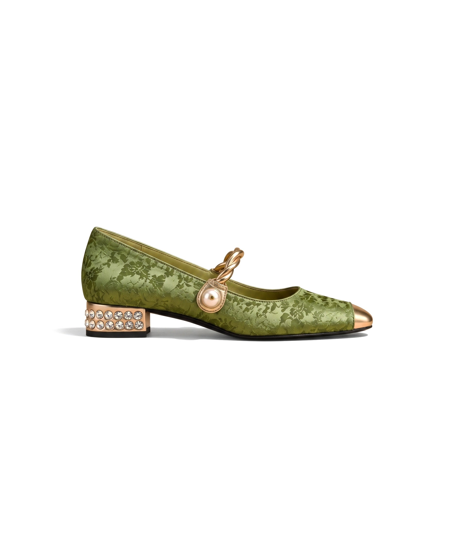 Angustias: mary jane jacquard con perla, color verde, vista lateral