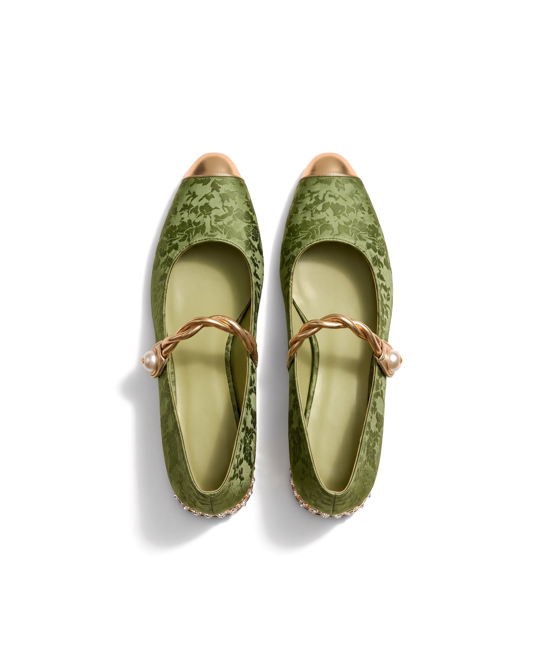 Angustias: mary jane jacquard con perla, color verde, vista cenital del par