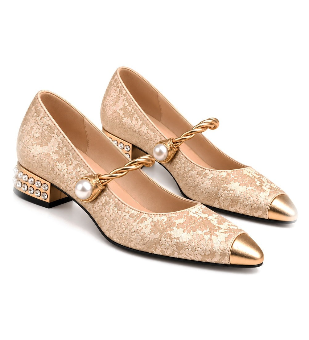 Angustias: mary jane jacquard con perla, color beige, vista del par