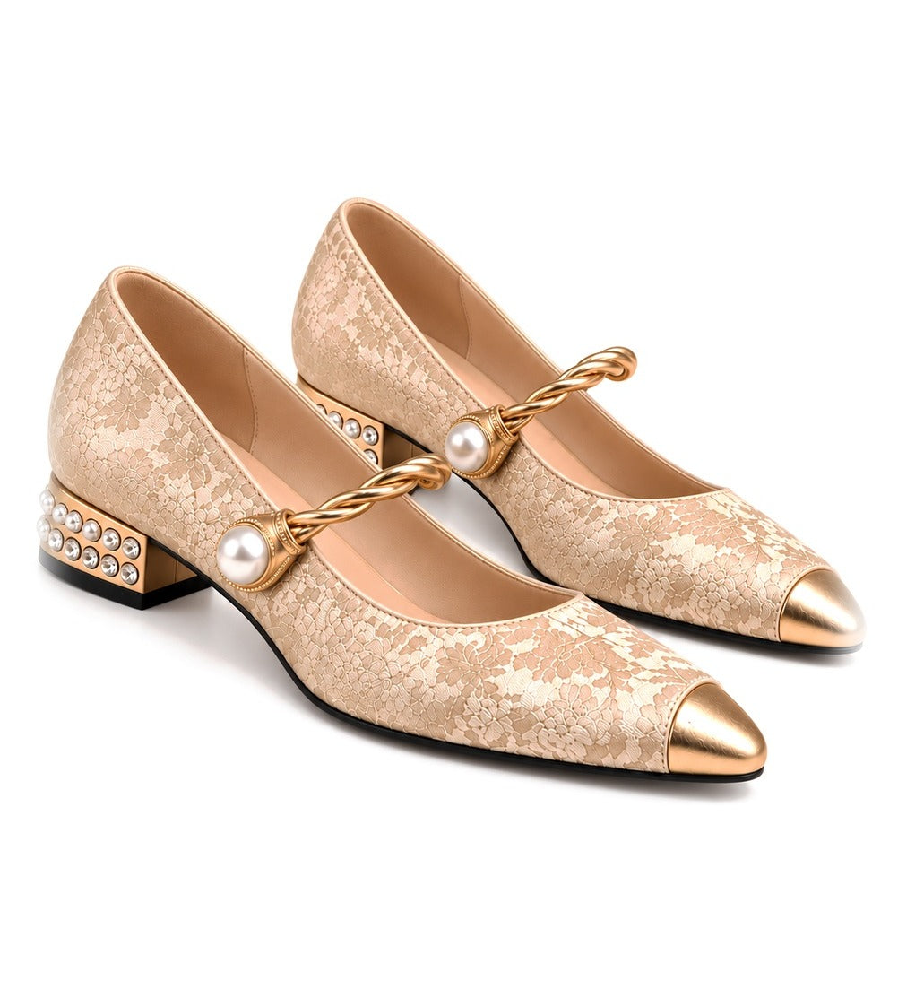 Angustias: mary jane jacquard con perla, color beige, vista del par