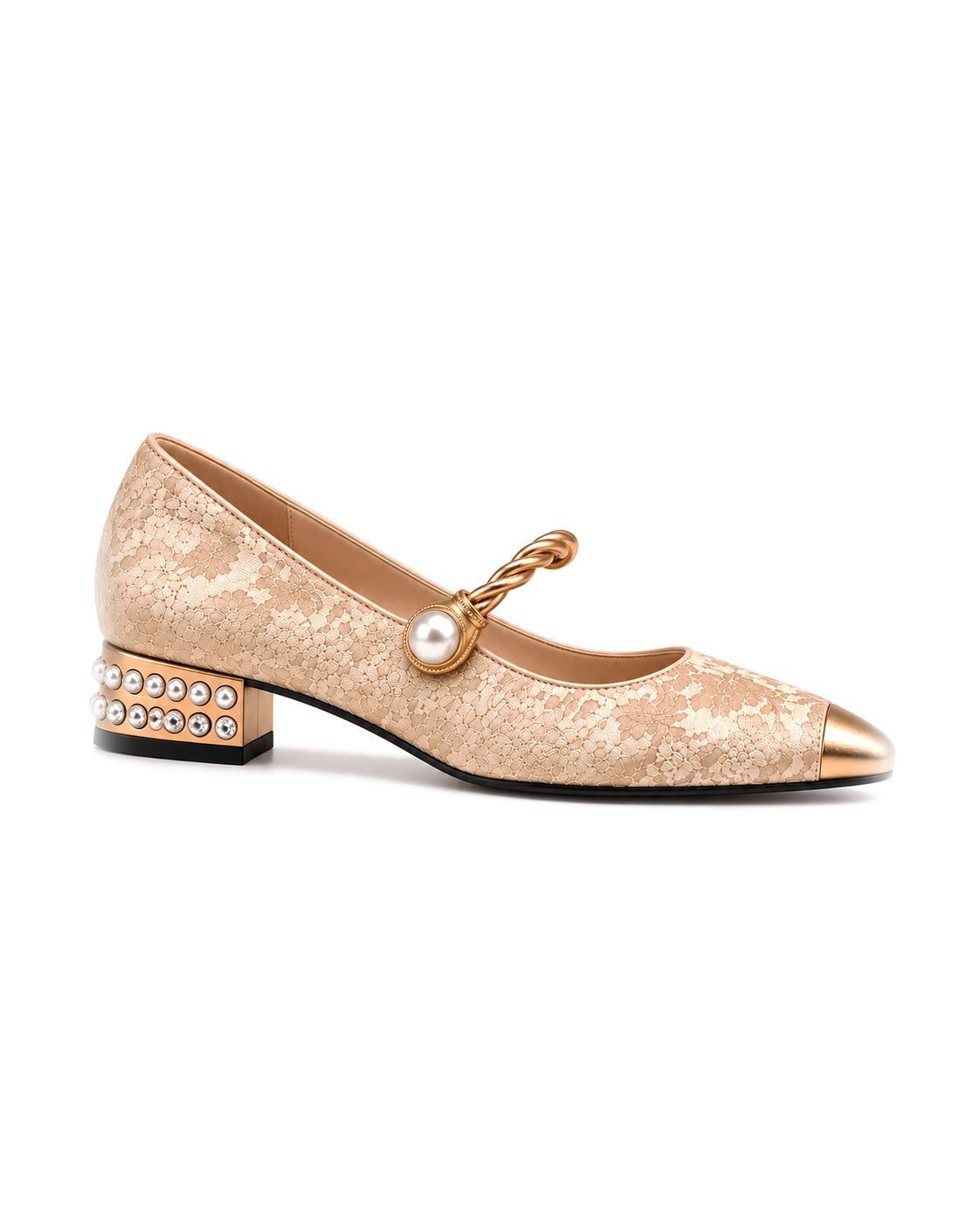 Angustias: mary jane jacquard con perla, color beige, vista lateral