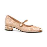 Angustias: mary jane jacquard con perla, color beige, vista lateral