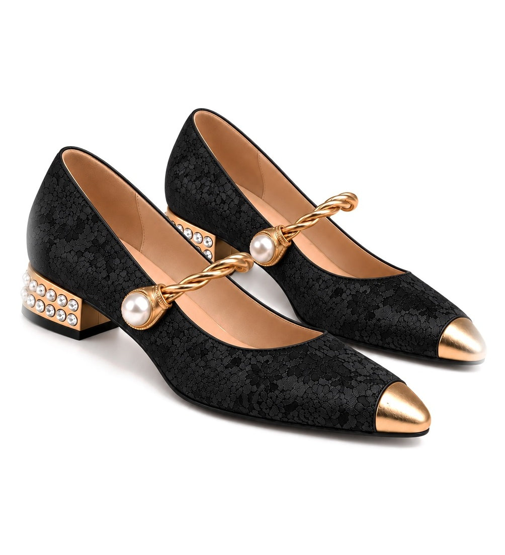 Angustias: mary jane jacquard con perla, color negro, vista del par