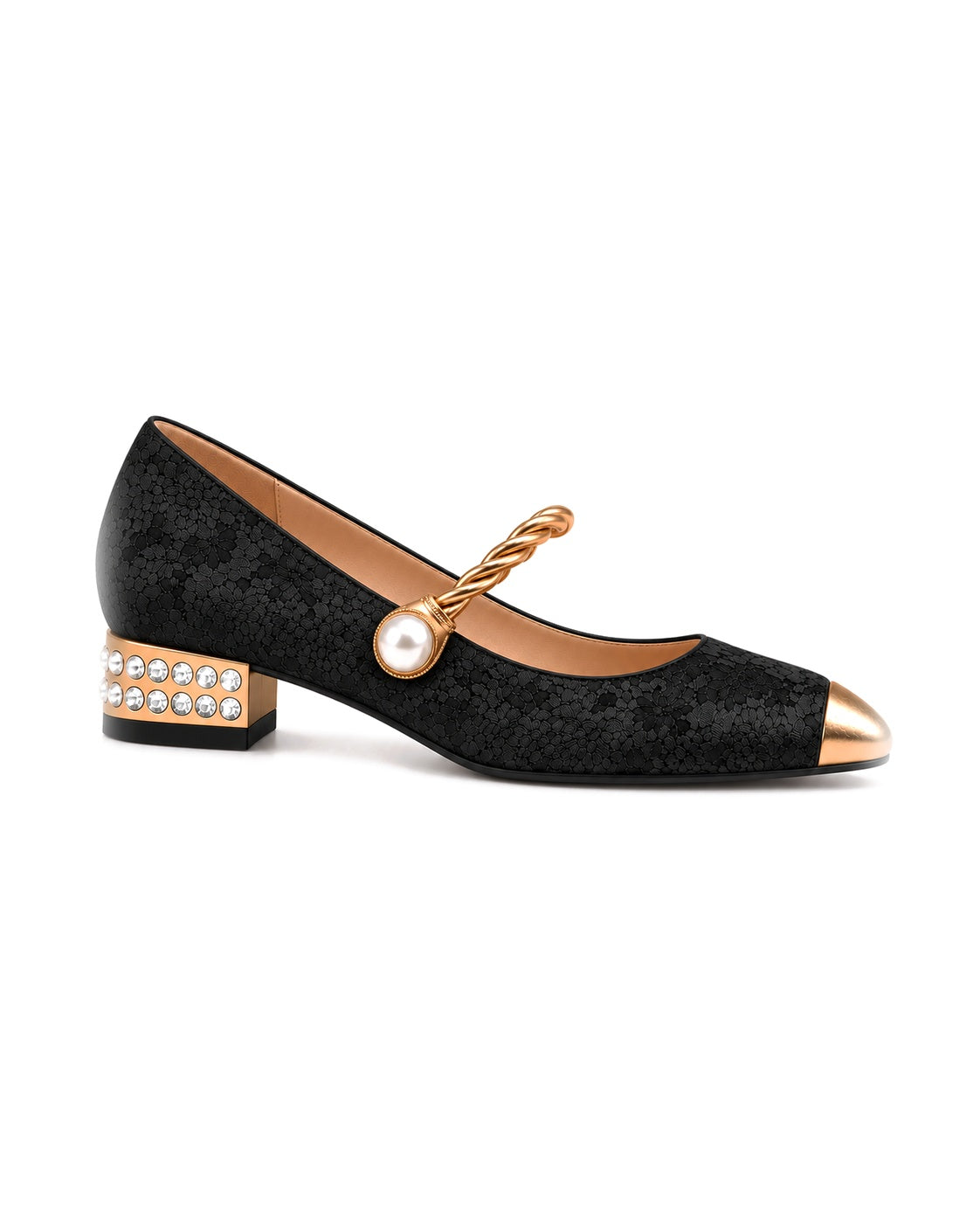 Angustias: mary jane jacquard con perla, color negro, vista lateral