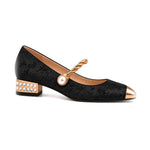 Angustias: mary jane jacquard con perla, color negro, vista lateral