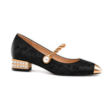 Angustias: mary jane jacquard con perla, color negro, vista lateral