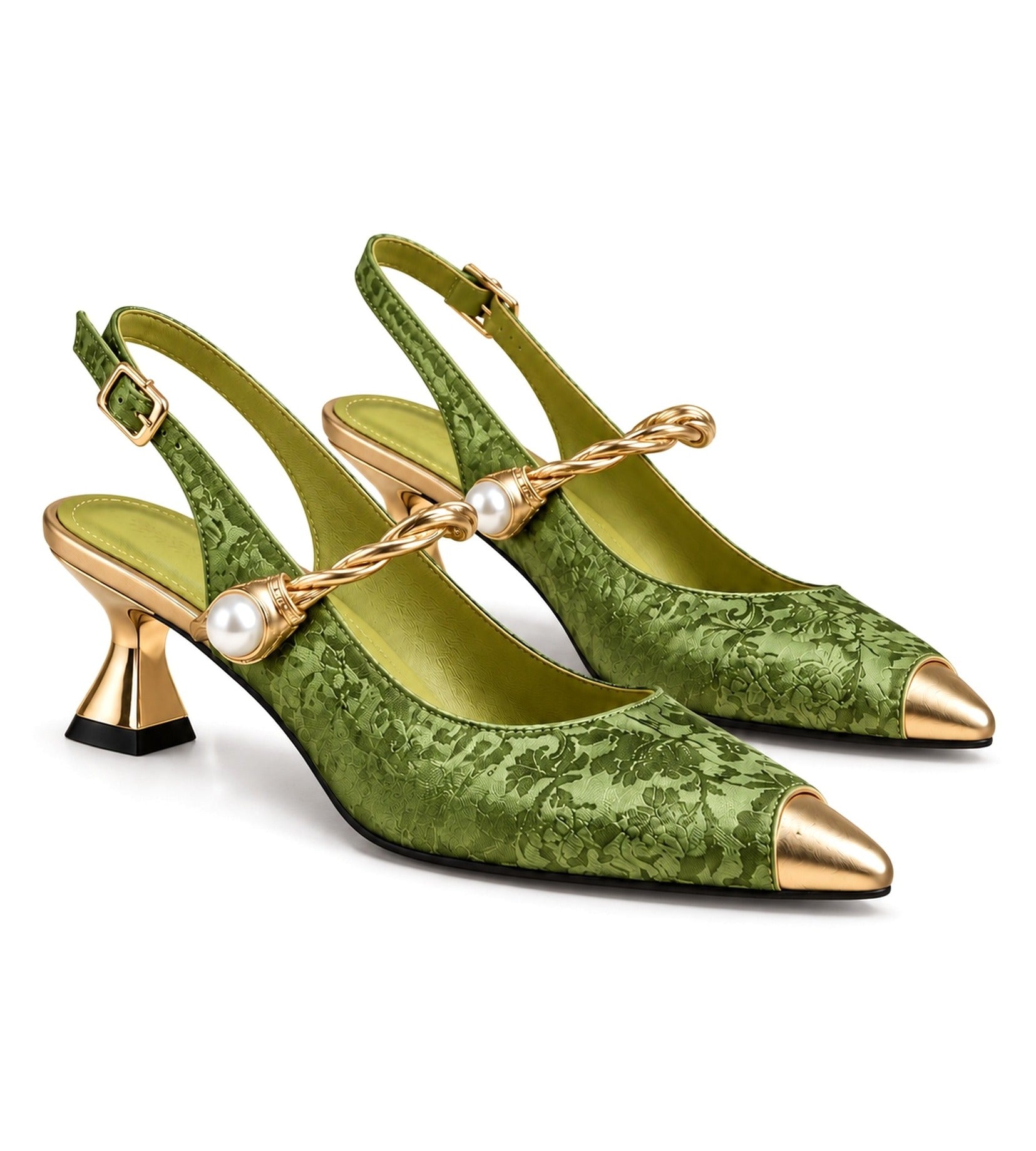 Cayetana: zapatos destalonados con perla, color verde, vista del par