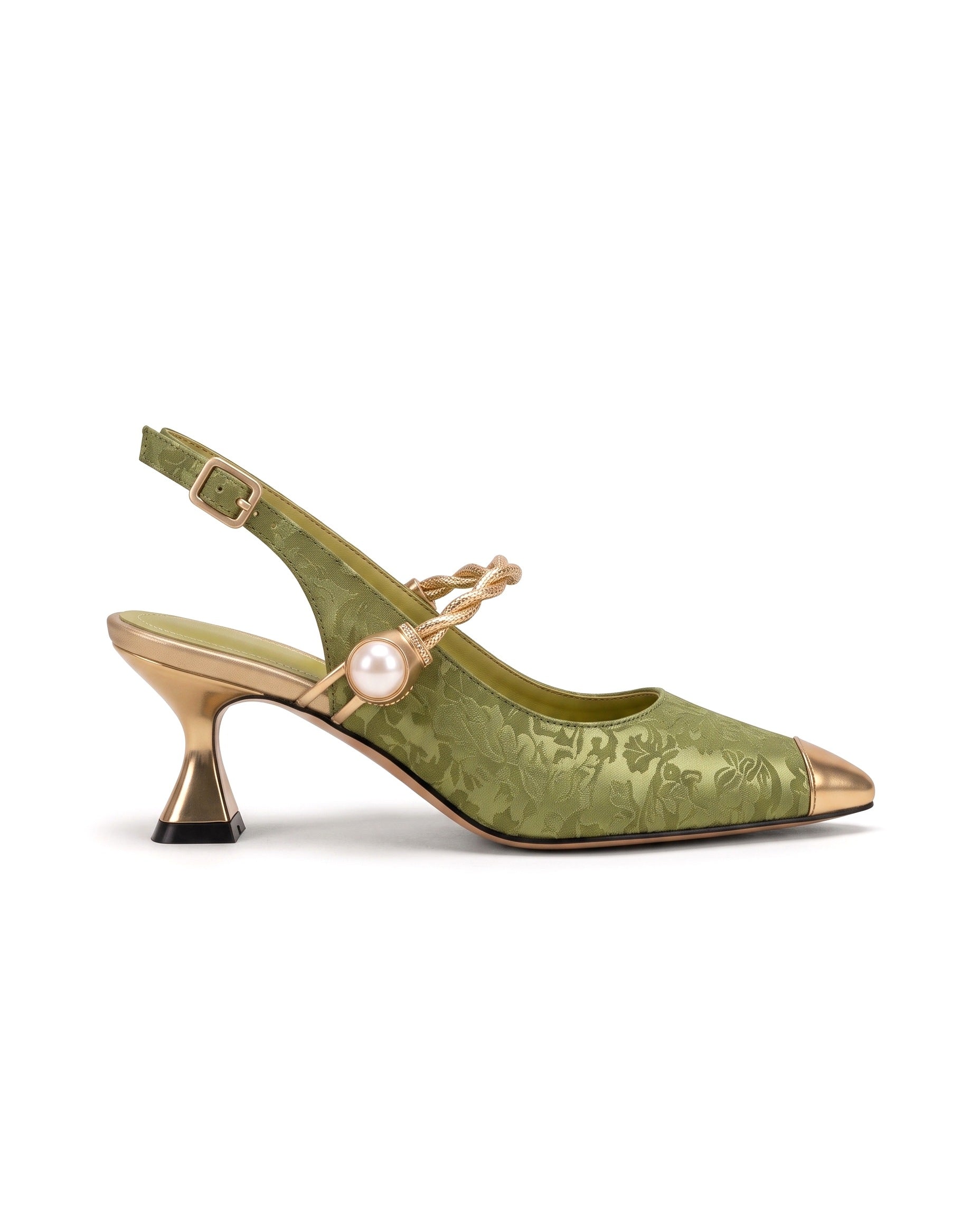 Cayetana: zapatos destalonados con perla, color verde, vista lateral