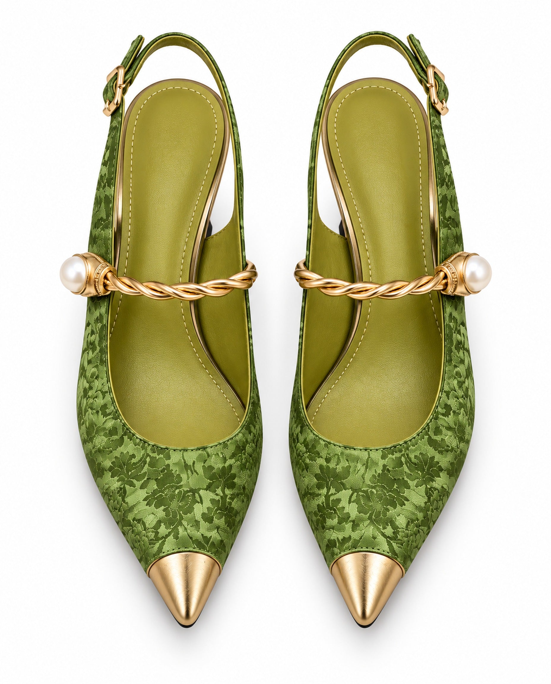 Cayetana: zapatos destalonados con perla, color verde, vista cenital del par