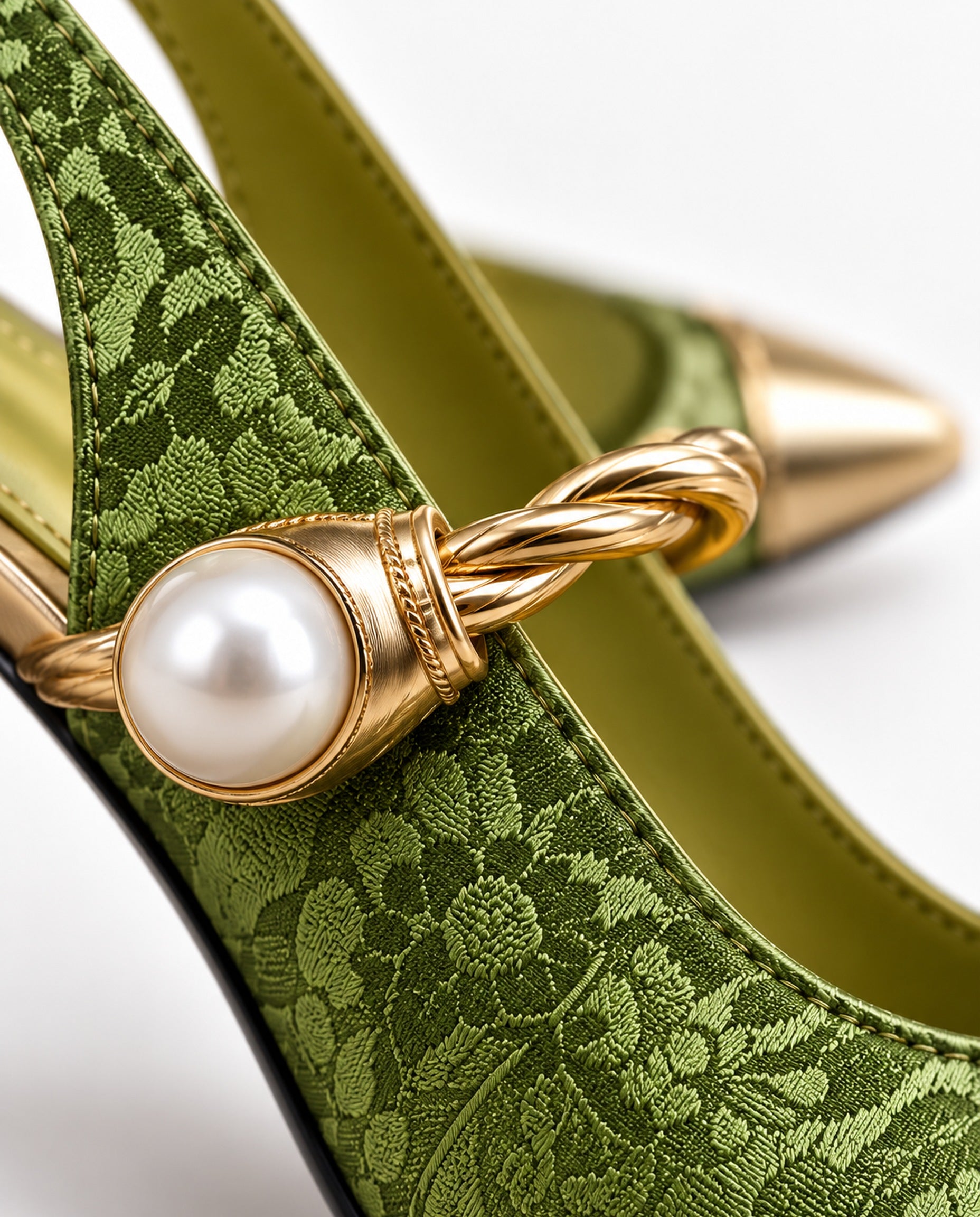 Cayetana: zapatos destalonados con perla, color verde, detalle