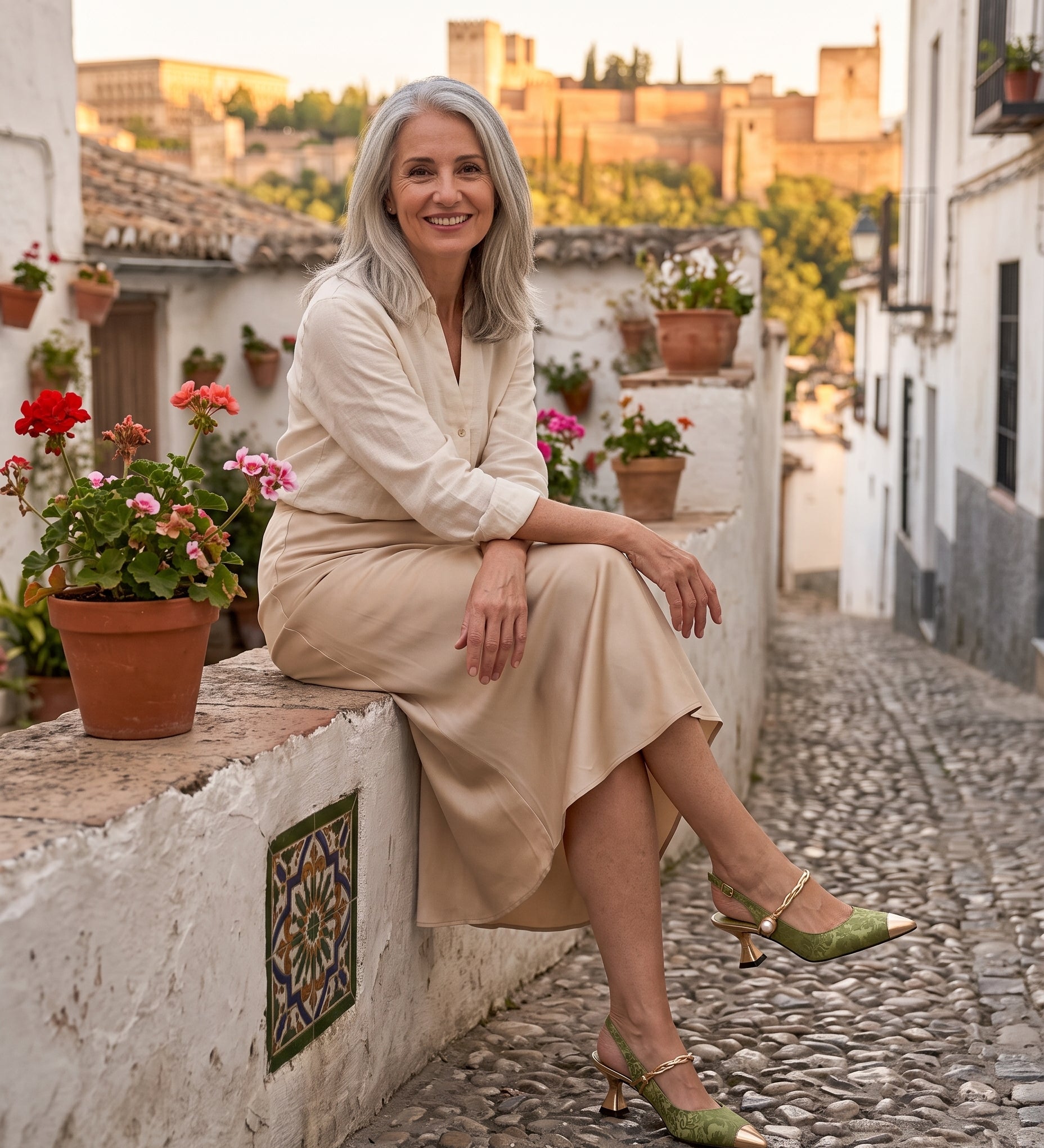 Cayetana: zapatos destalonados con perla, color verde, look puesto en el Albaicín de Granada