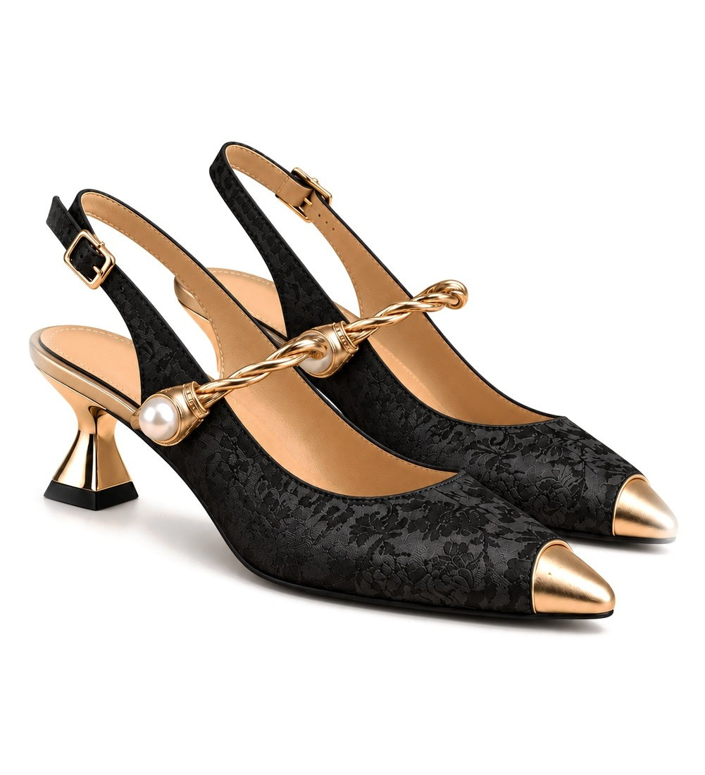 Cayetana: zapatos destalonados con perla, color negro, vista del par