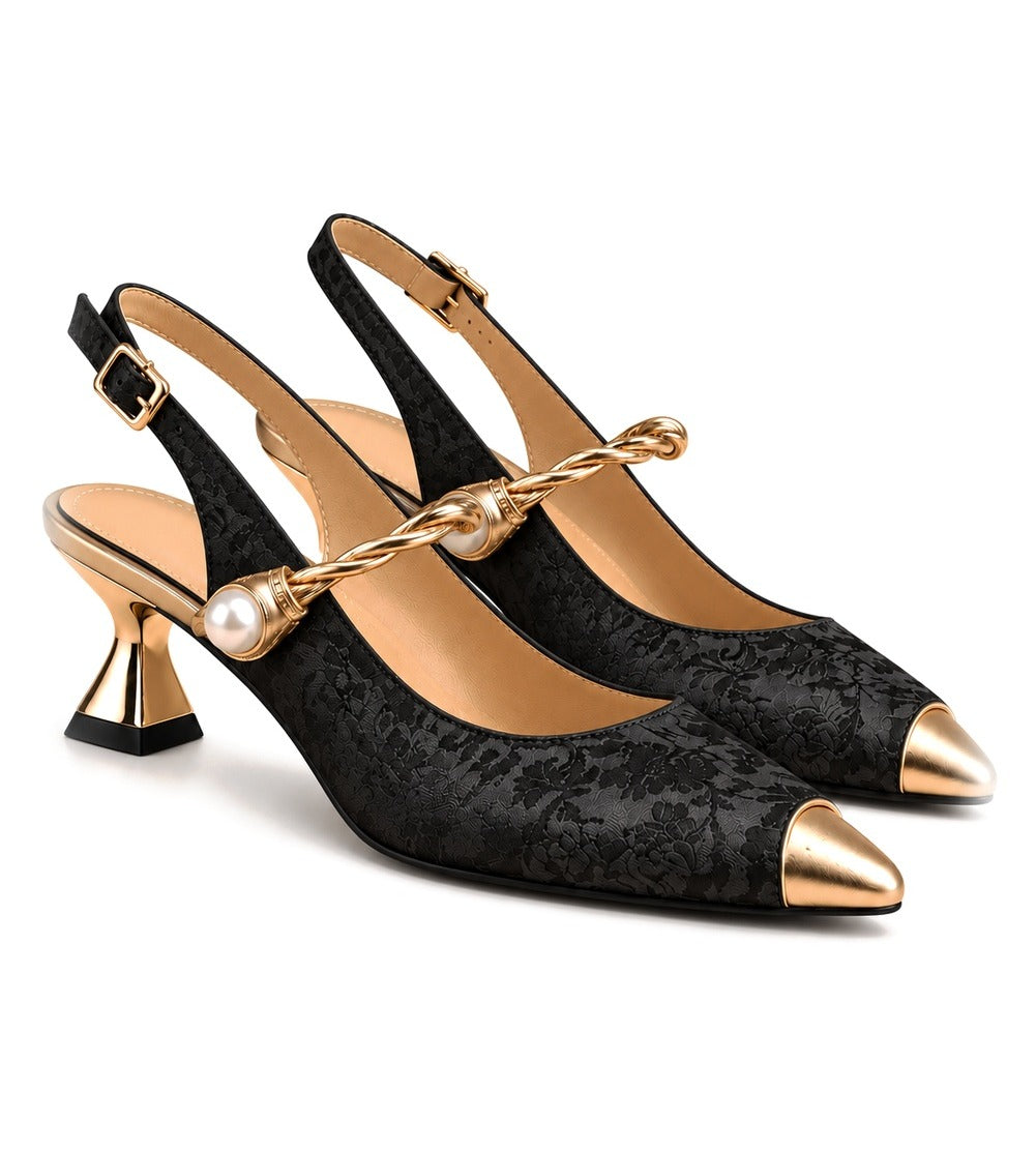 Cayetana: zapatos destalonados con perla, color negro, vista del par