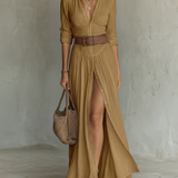 Vestido Maxí de Lino con Cuello de Solapa y Manga Larga