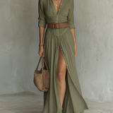 Vestido Maxí de Lino con Cuello de Solapa y Manga Larga