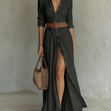 Vestido Maxí de Lino con Cuello de Solapa y Manga Larga
