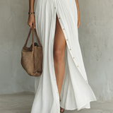 Vestido Maxí de Lino con Cuello de Solapa y Manga Larga