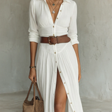 Vestido Maxí de Lino con Cuello de Solapa y Manga Larga