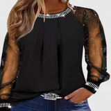 Flor Blusa Elegante con Mangas de Tul y Acentos de Strass
