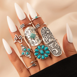 Conjunto de anillos retro en plata y turquesa