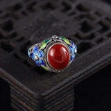 Anillo retro ajustable con turmalina plateada y roja