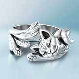 Anillo retro ajustable con gatito en plata