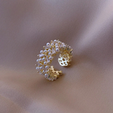 Anillo retro ajustable con perlas y cristales dorados