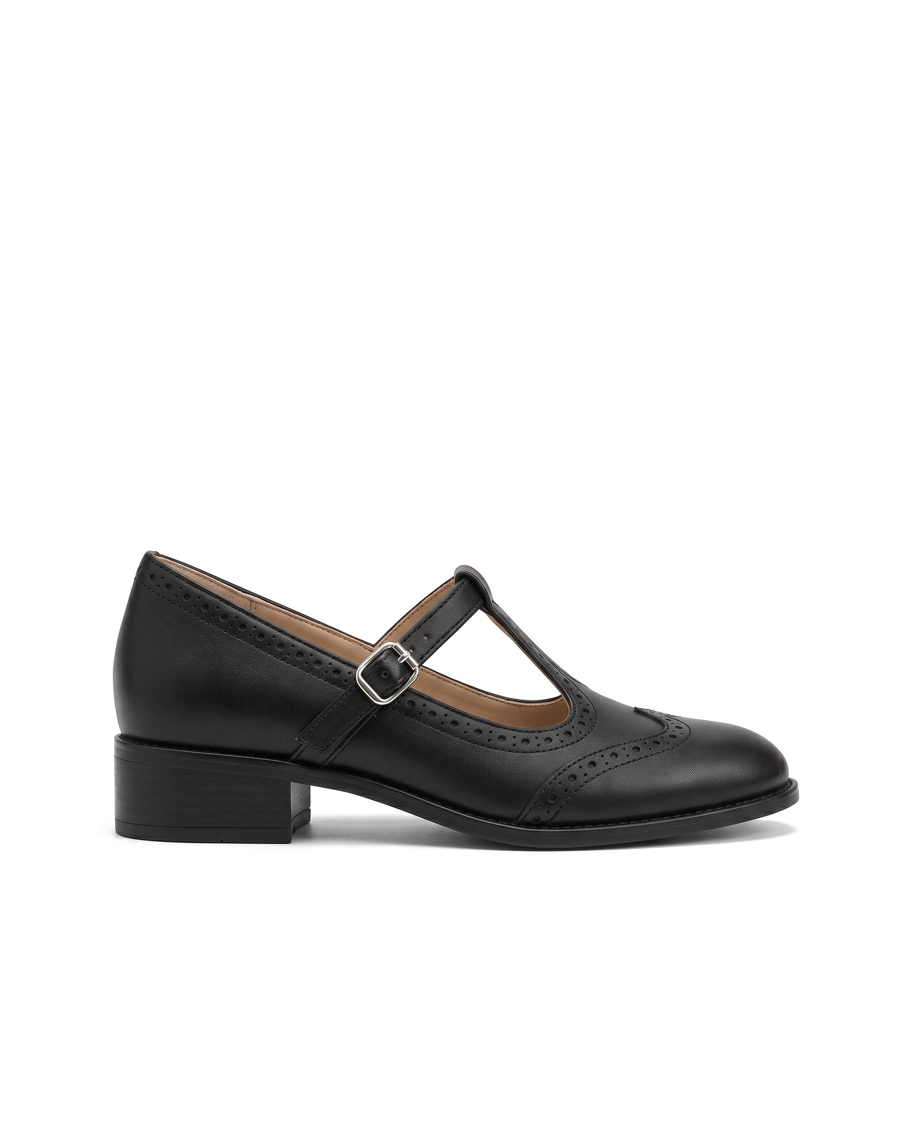 Susana: zapatos tira en t brogue, color negro, vista lateral