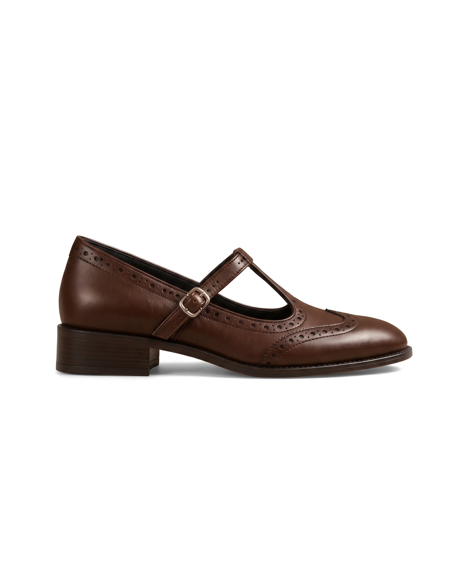 Susana: zapatos tira en t brogue, color marrón, vista lateral