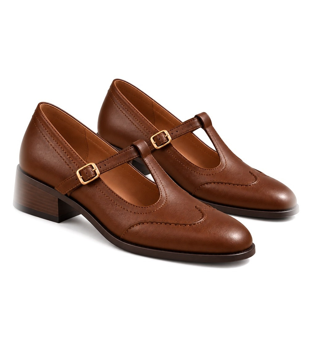 Virginia: zapatos tira en t vintage, color marrón, vista del par