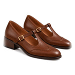 Virginia: zapatos tira en t vintage, color marrón, vista del par