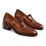 Virginia: zapatos tira en t vintage, color marrón, vista del par