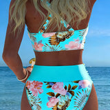 Bikini con estampado floral contrastante y abertura